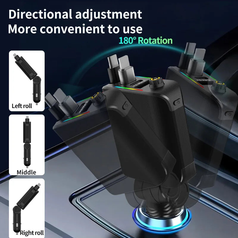 4-In-1 120W Super Fast Charger Flash Car Charger USB Type-C Retractable Cable 180 ° Rotating with LED Ambient Light