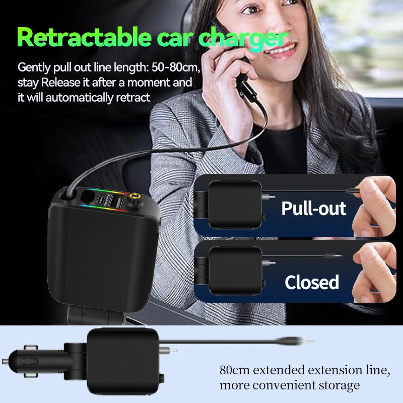 4-In-1 120W Super Fast Charger Flash Car Charger USB Type-C Retractable Cable 180 ° Rotating with LED Ambient Light