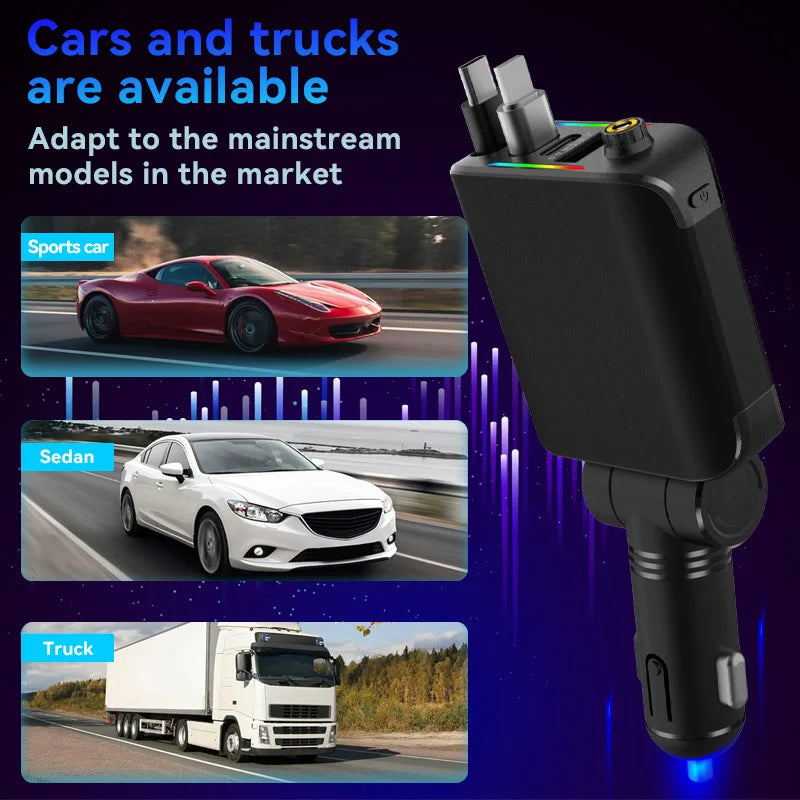 4-In-1 120W Super Fast Charger Flash Car Charger USB Type-C Retractable Cable 180 ° Rotating with LED Ambient Light