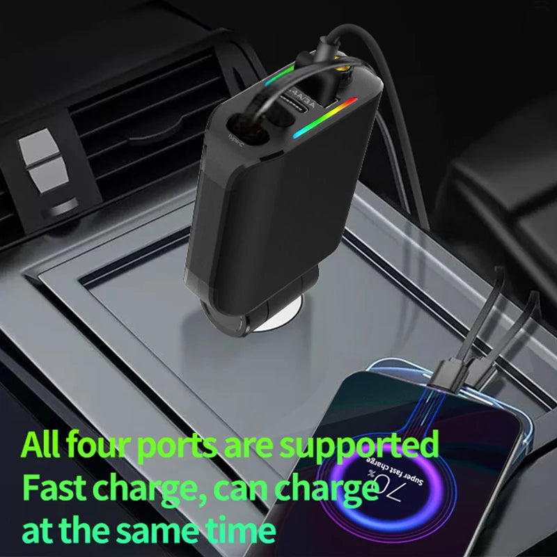 4-In-1 120W Super Fast Charger Flash Car Charger USB Type-C Retractable Cable 180 ° Rotating with LED Ambient Light