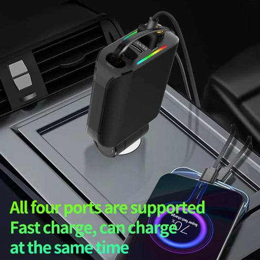 4-In-1 120W Super Fast Charger Flash Car Charger USB Type-C Retractable Cable 180 ° Rotating with LED Ambient Light