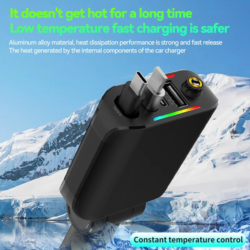 4-In-1 120W Super Fast Charger Flash Car Charger USB Type-C Retractable Cable 180 ° Rotating with LED Ambient Light