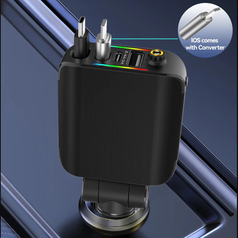 4-In-1 120W Super Fast Charger Flash Car Charger USB Type-C Retractable Cable 180 ° Rotating with LED Ambient Light